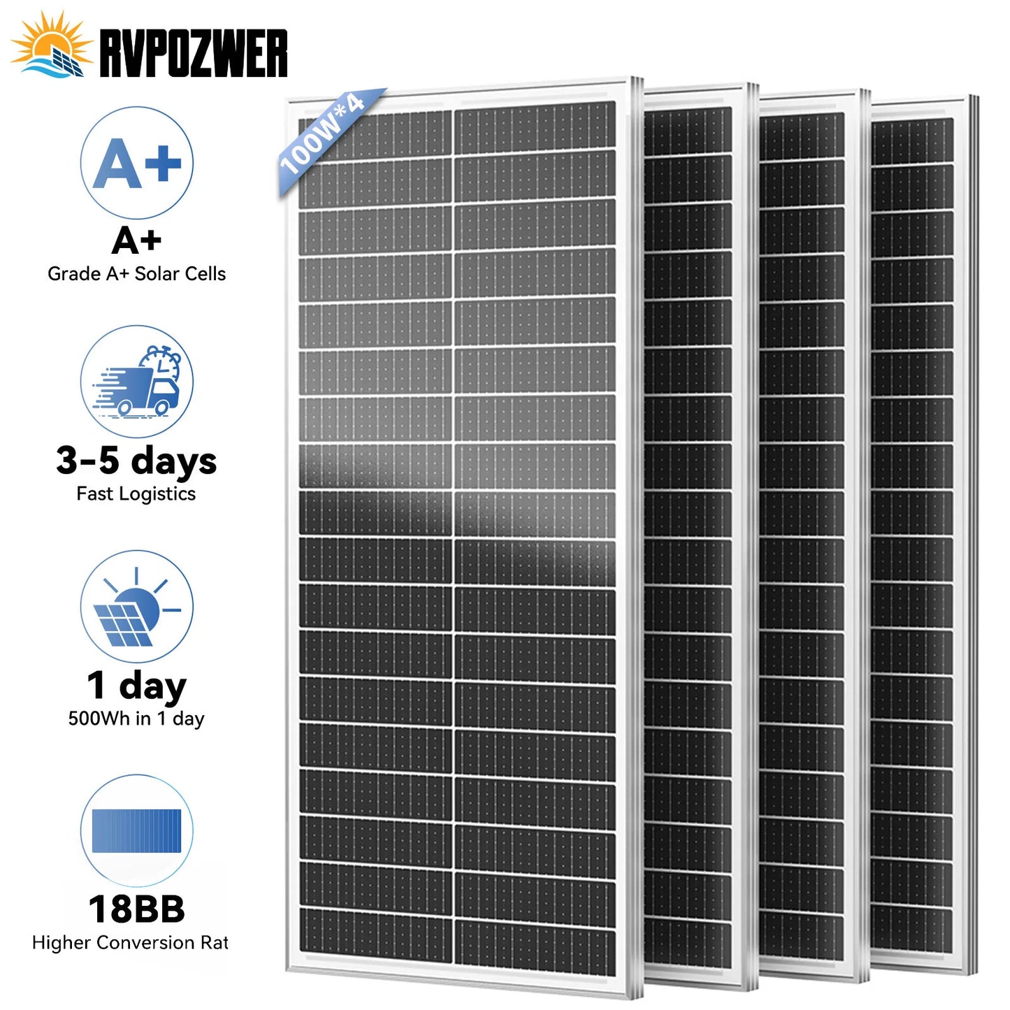 Rvpozwer 400W 12.8V Monocrystalline Solar Panel High Efficiency Module