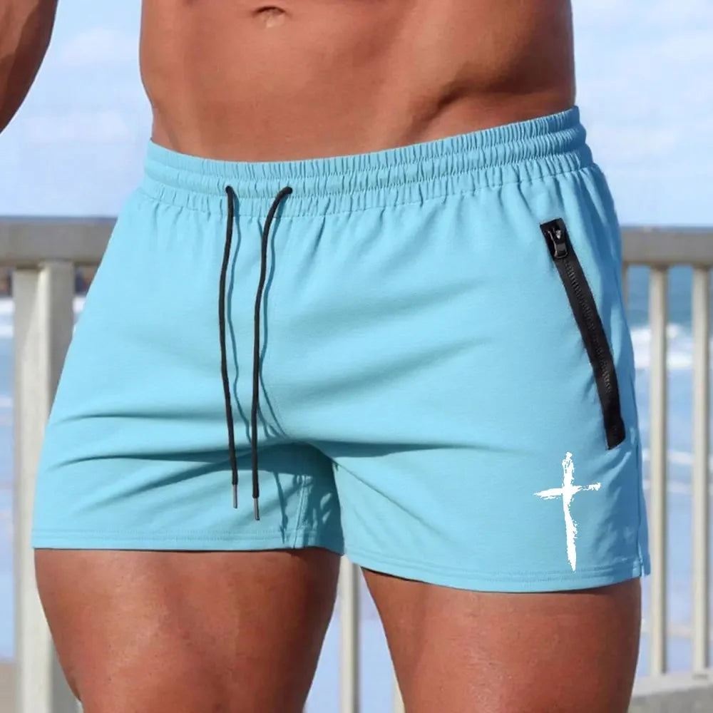 CN Men Cross Print Beach Shorts Quick Dry Zipper Pockets