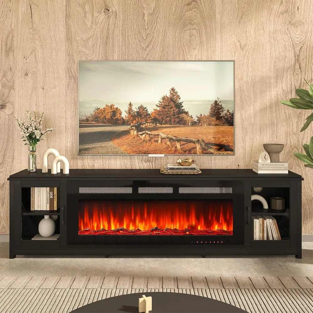Electric Fireplace TV Stand With Adjustable Shelf And Glass Doors