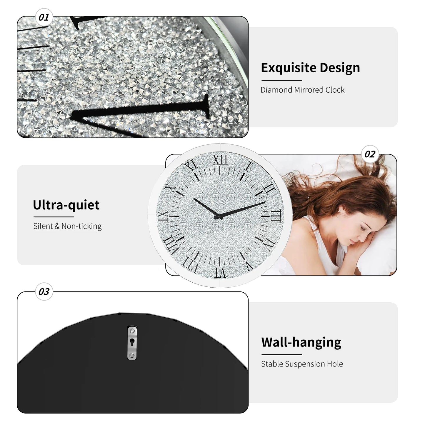 Mirrored Round Wall Clock Crystal Diamond Beveled Glass