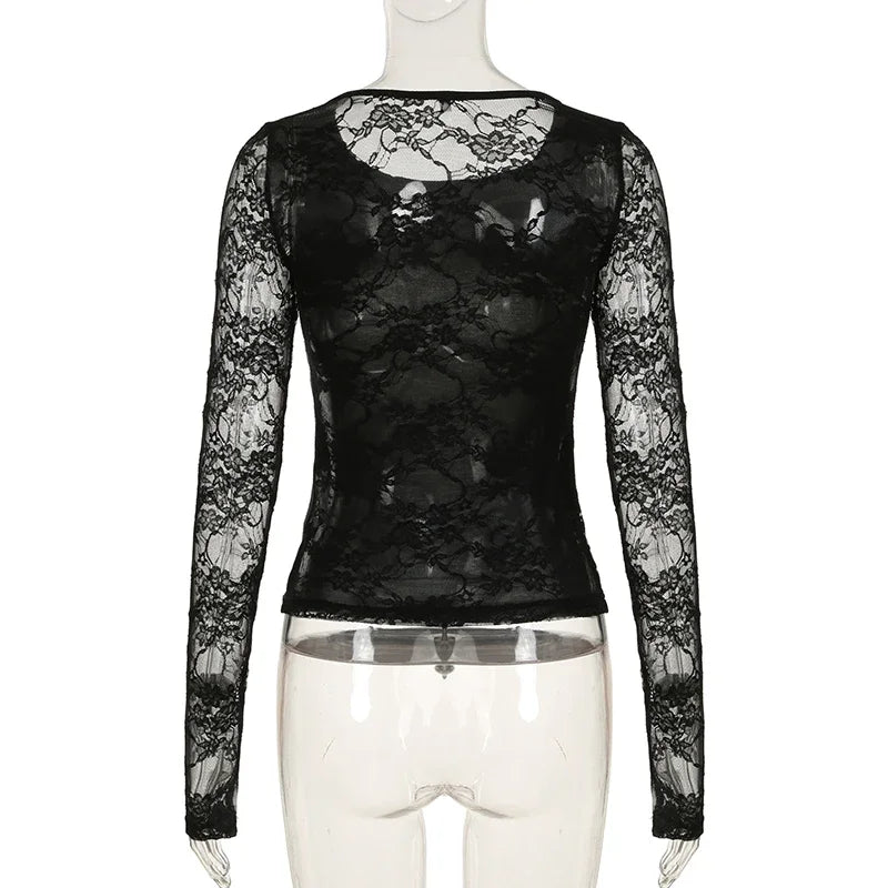 Gothic Lace Long Sleeve Crop Top Women Y2K Aesthetic Tee