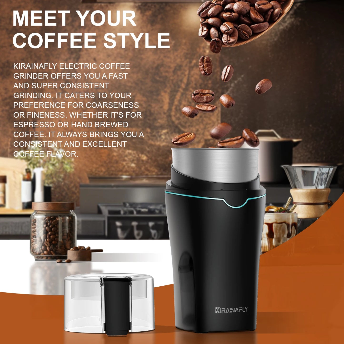 KIRAINAFLY Electric Coffee Grinder 300W With Removable Stainless Steel Cup