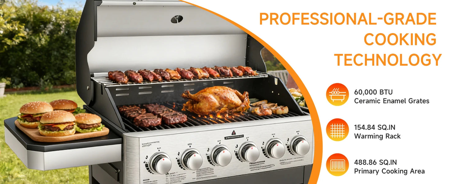 Six Burner Propane Gas Grill With Cabinet And Warming Rack