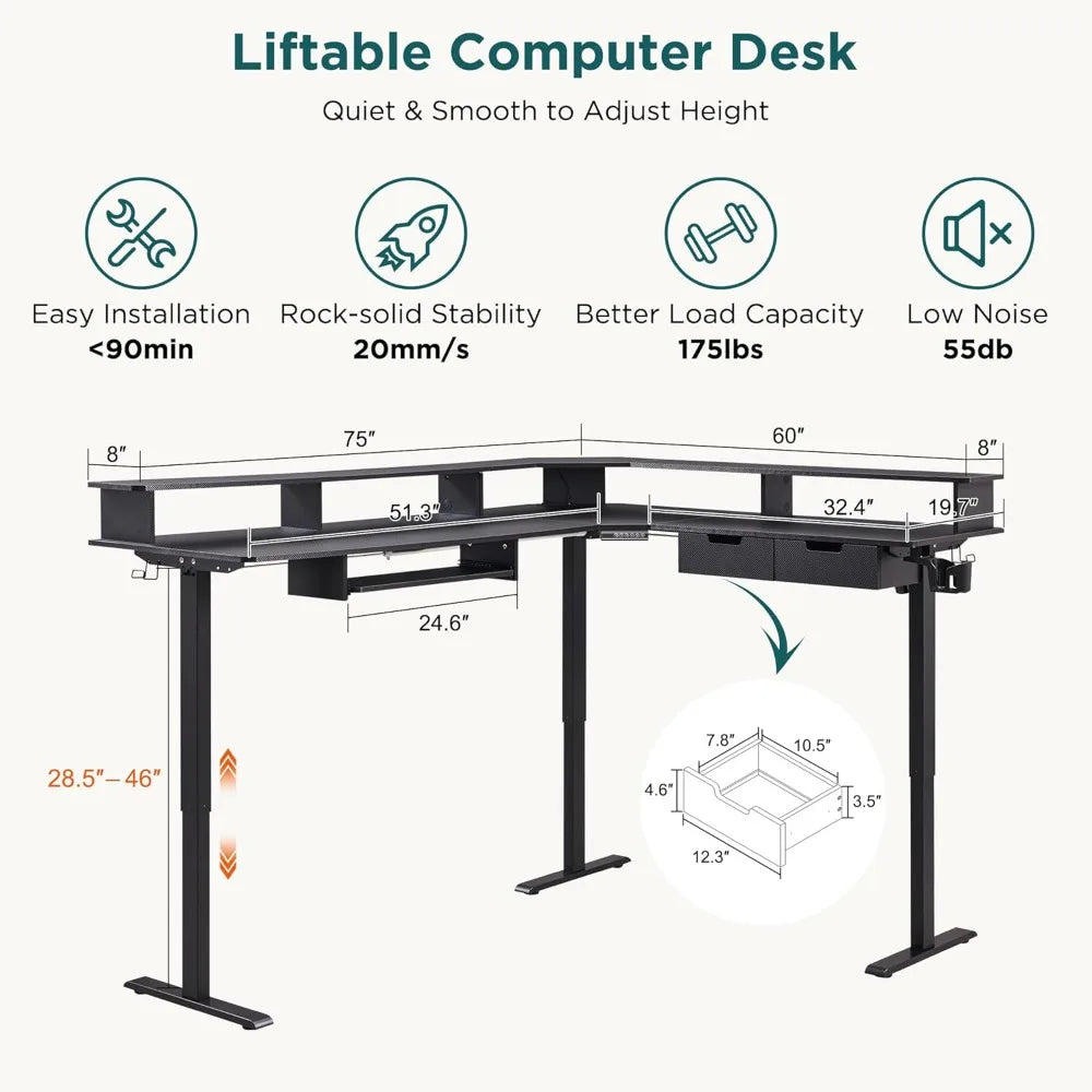 ZHIYONG L Shaped Electric Standing Desk With Drawers