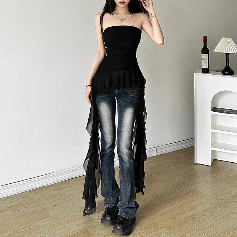 Nibber Tassel Vest Women Ruched Chest Wrap Cotton Blend
