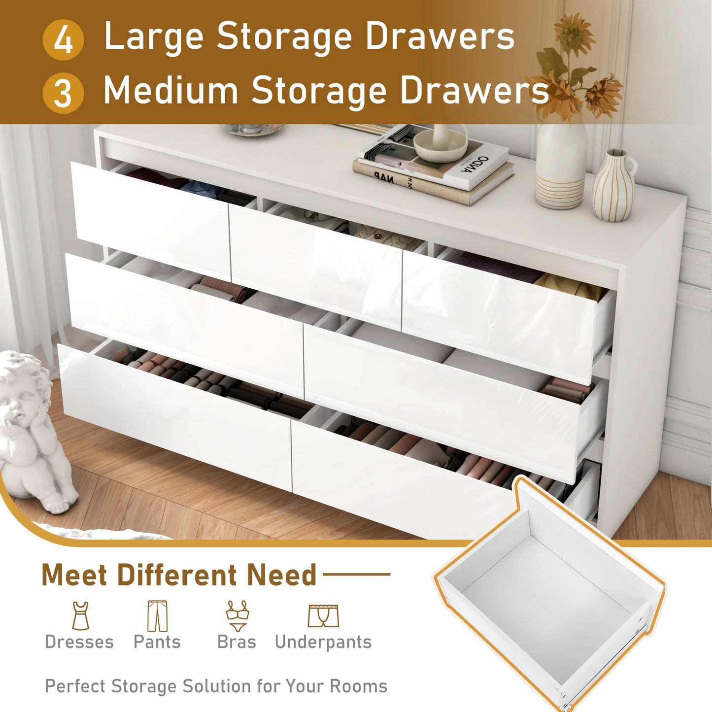 QiaoShiRen 7 Drawer Dresser Modern High Gloss Wood Chest