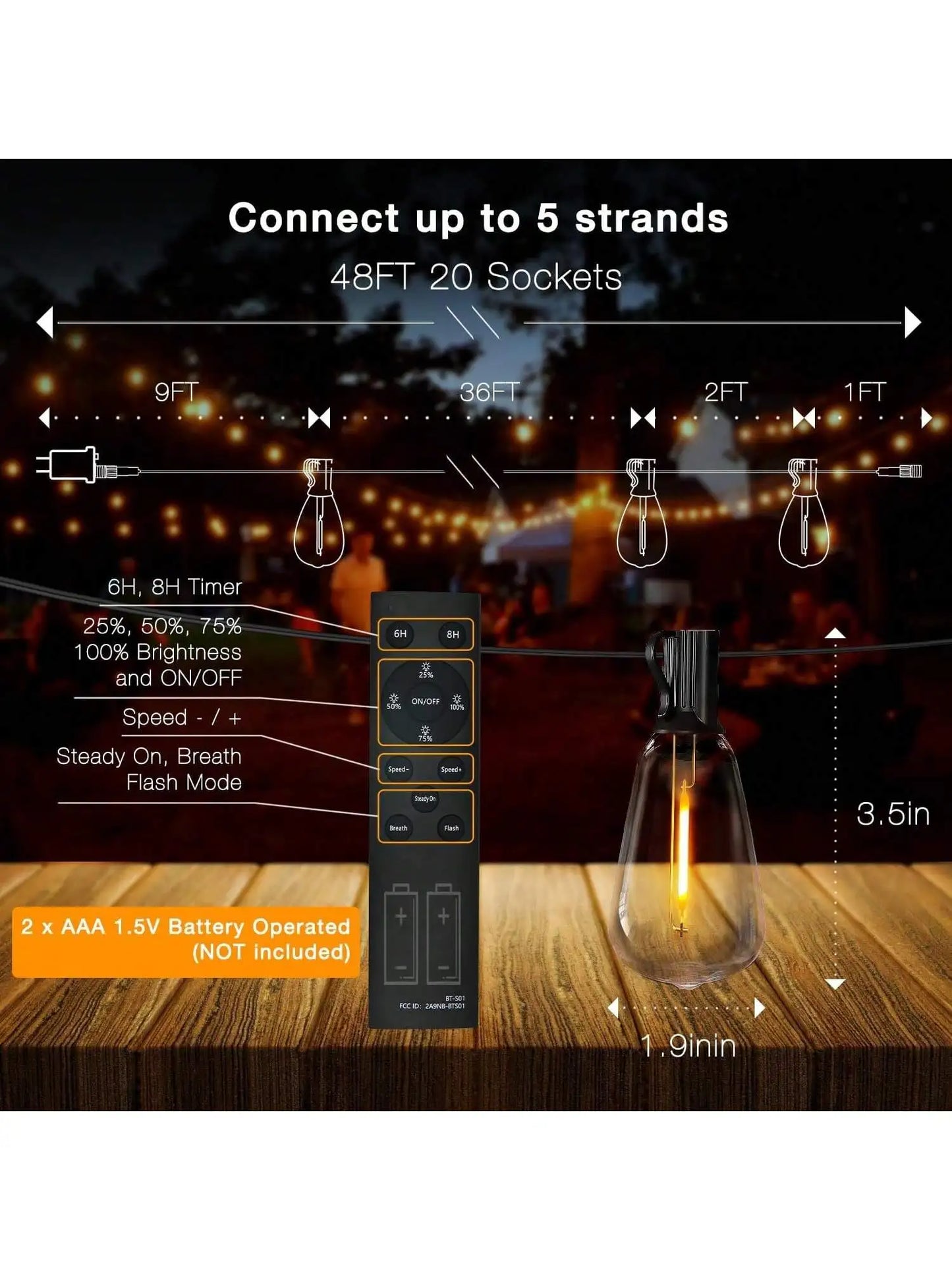 TJOY Dimmable Outdoor LED String Lights With Remote