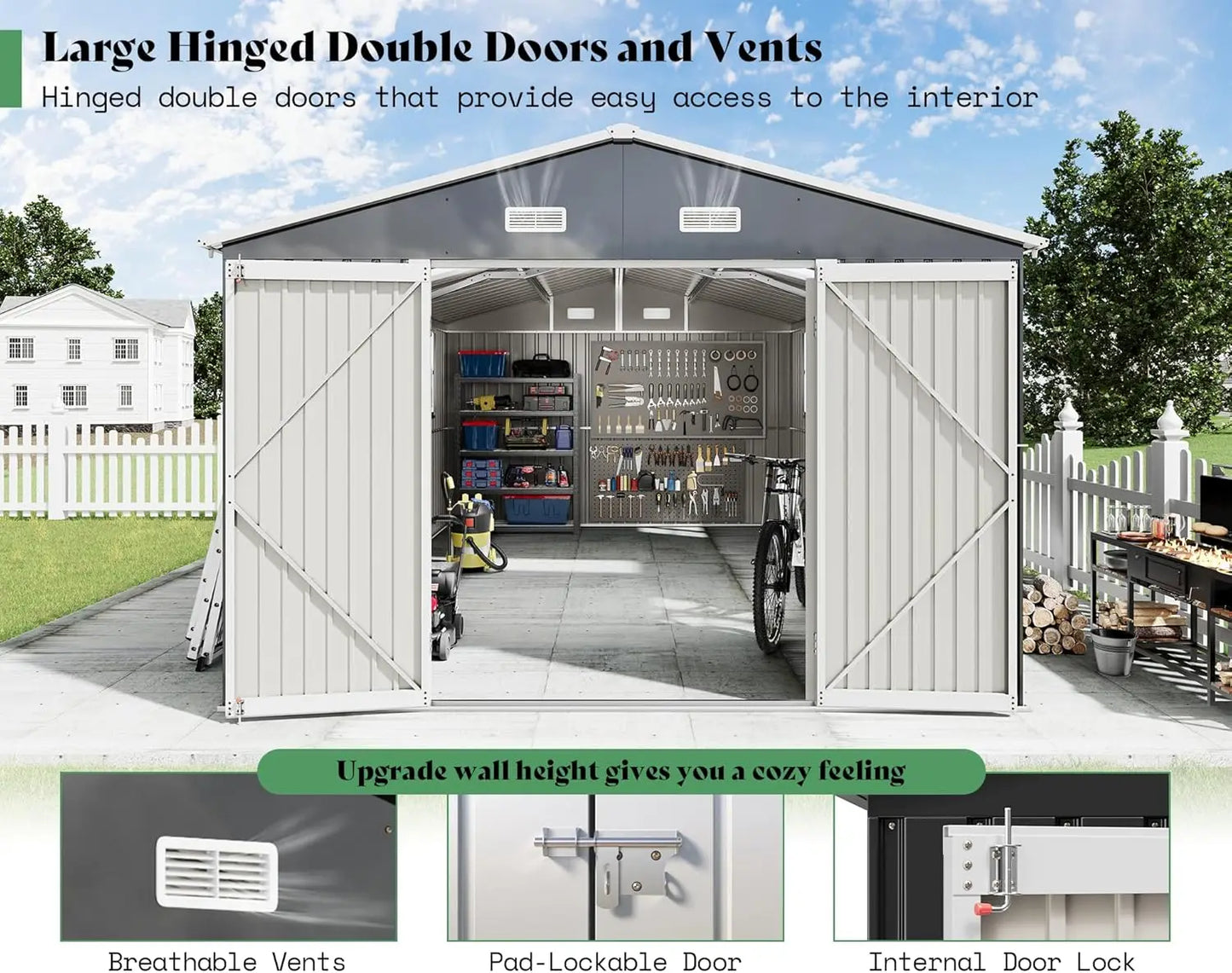 XMSJ Metal Storage Shed With Hinged Doors And Windows