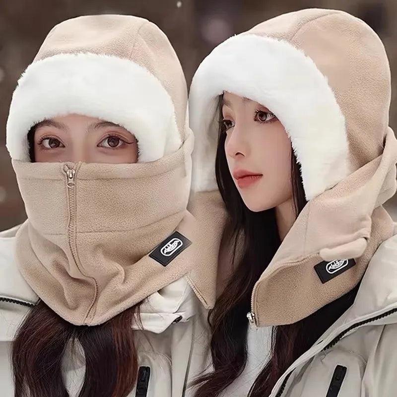 NONECN Winter Warm Integrated Plush Hat With Windproof Mask