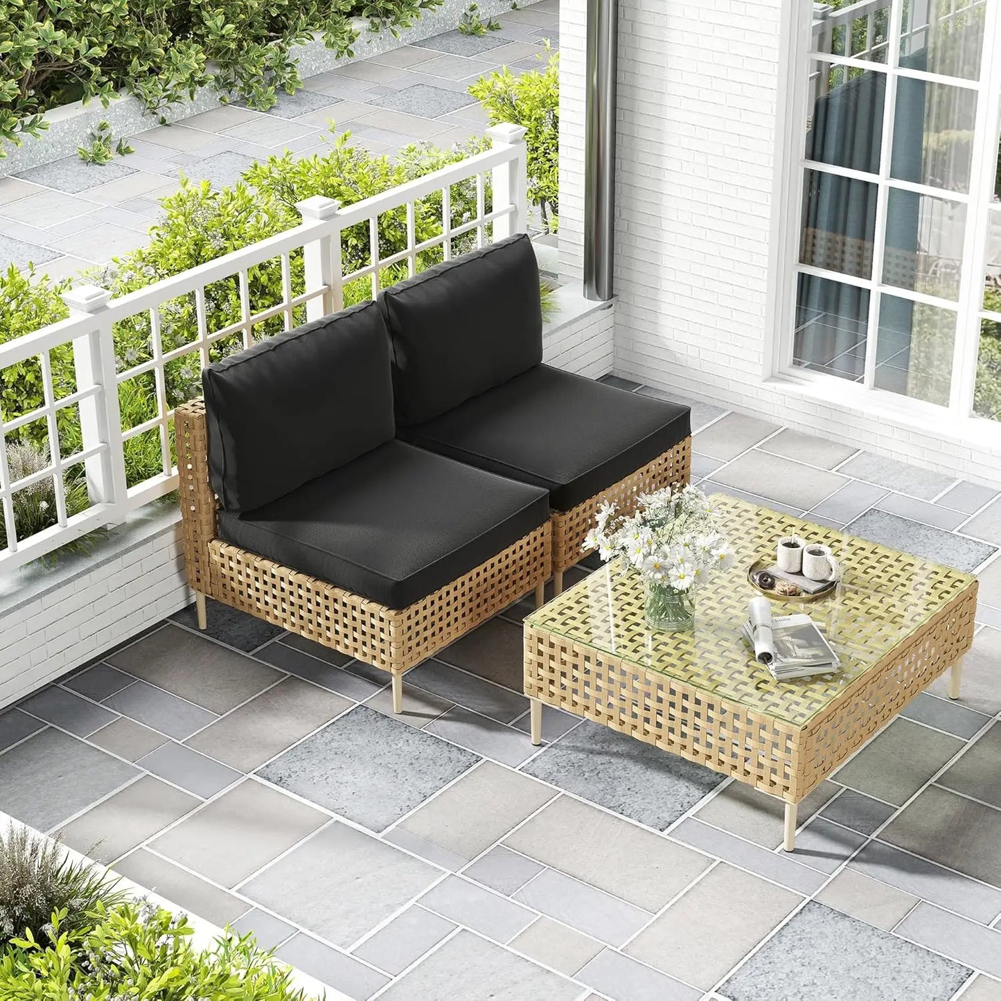 Wicker Outdoor Sectional Sofa Set Coffee Table All Weather Cushions