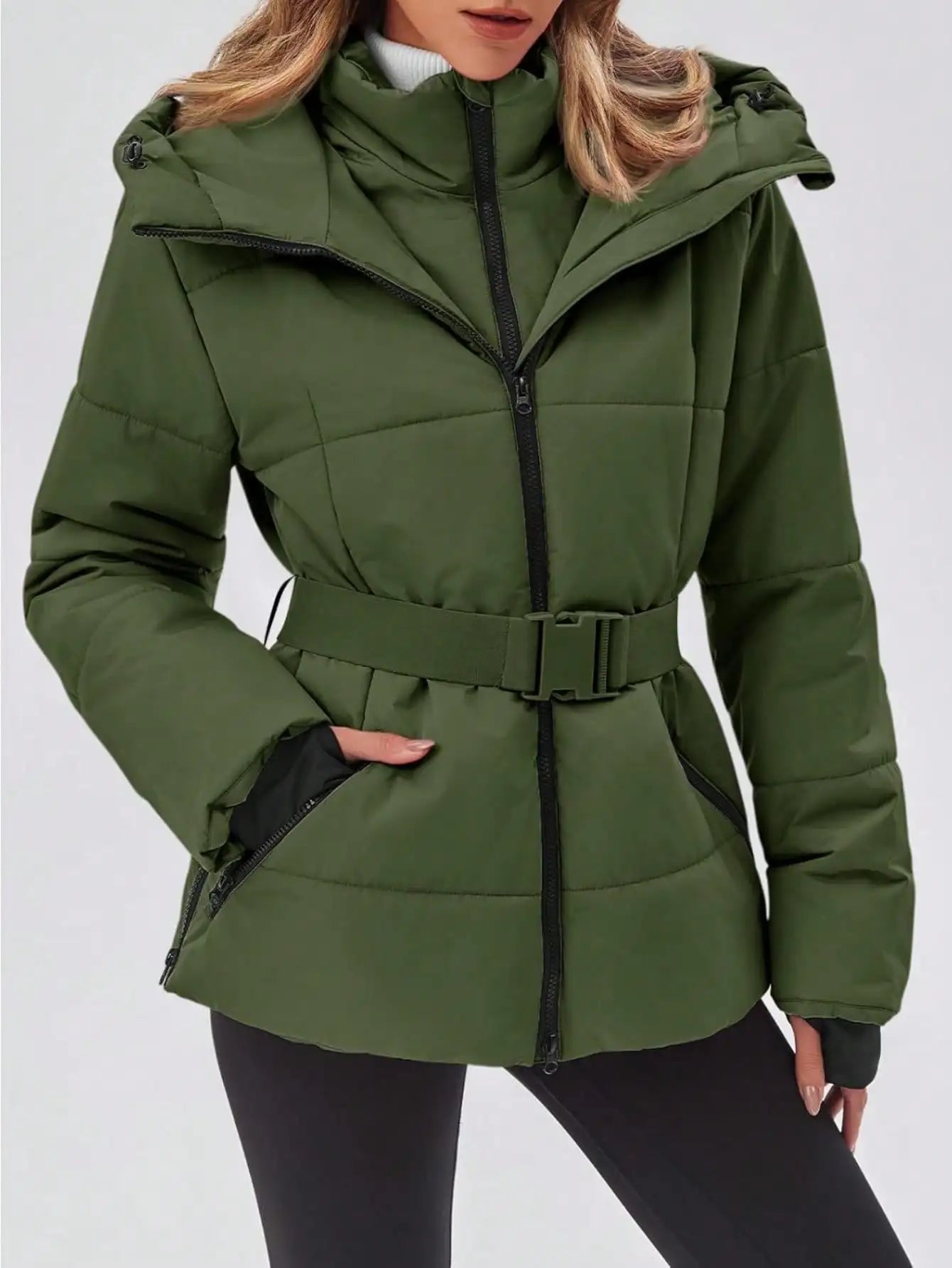Fisoew Women's Belted Puffer Jacket Waterproof Hooded Coat