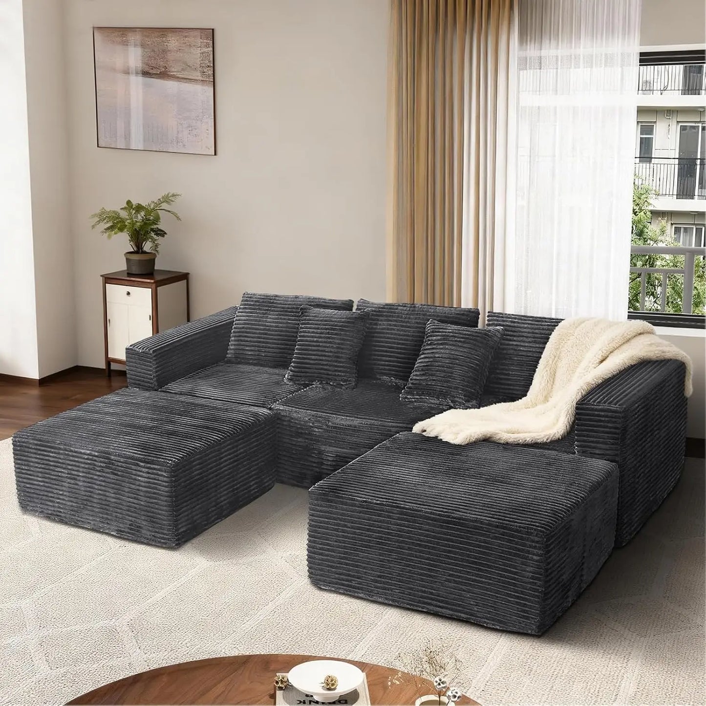 Corduroy U Shaped Modular Sofa With Two Ottomans Memory Foam