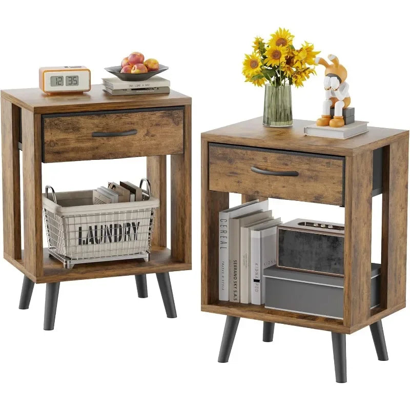 Hign-concerned Nightstand Set 2 Fabric Drawers Open Shelves