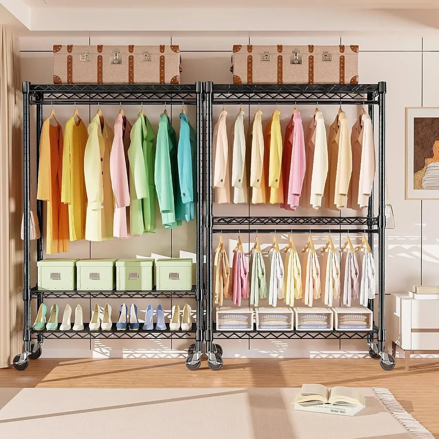 XMSJ Heavy Duty Rolling Garment Rack With 3 Tiers Rods