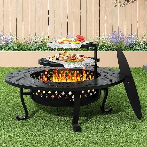 Outdoor Fire Pit Table With Grill For Backyard Patio