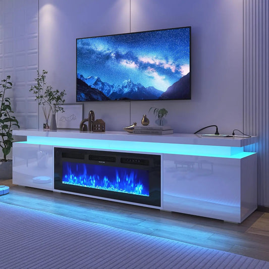 High Gloss Fireplace TV Stand With Power Outlet Storage
