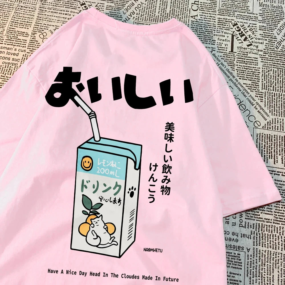 Hampson Lanqecn Cute Japanese Cat Print Tee Shirt Casual