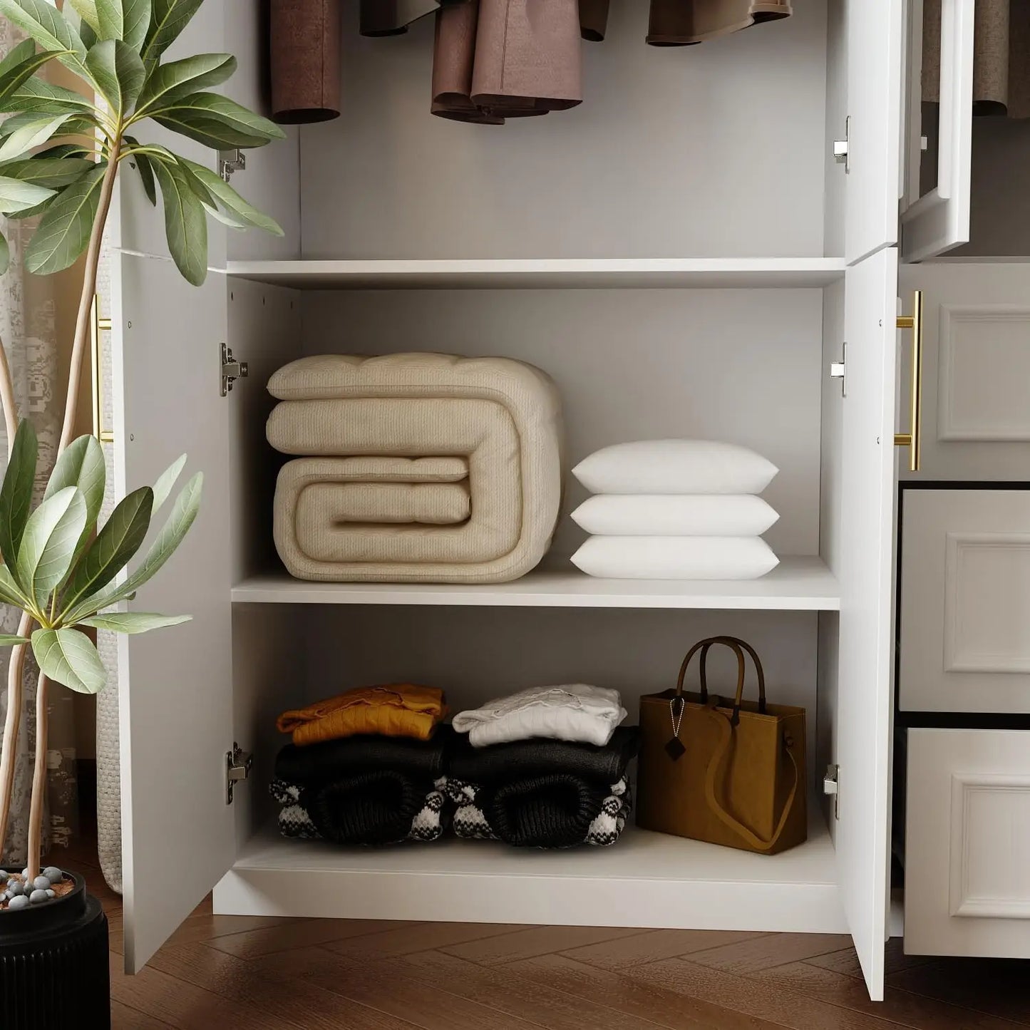 Wardrobe Closet With Doors Modern Armoire Gold Handles
