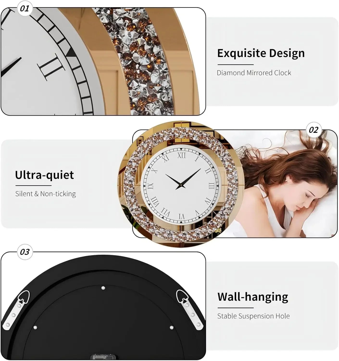 Crushed Diamond Round Mirrored Wall Clock Decorative Home Accent