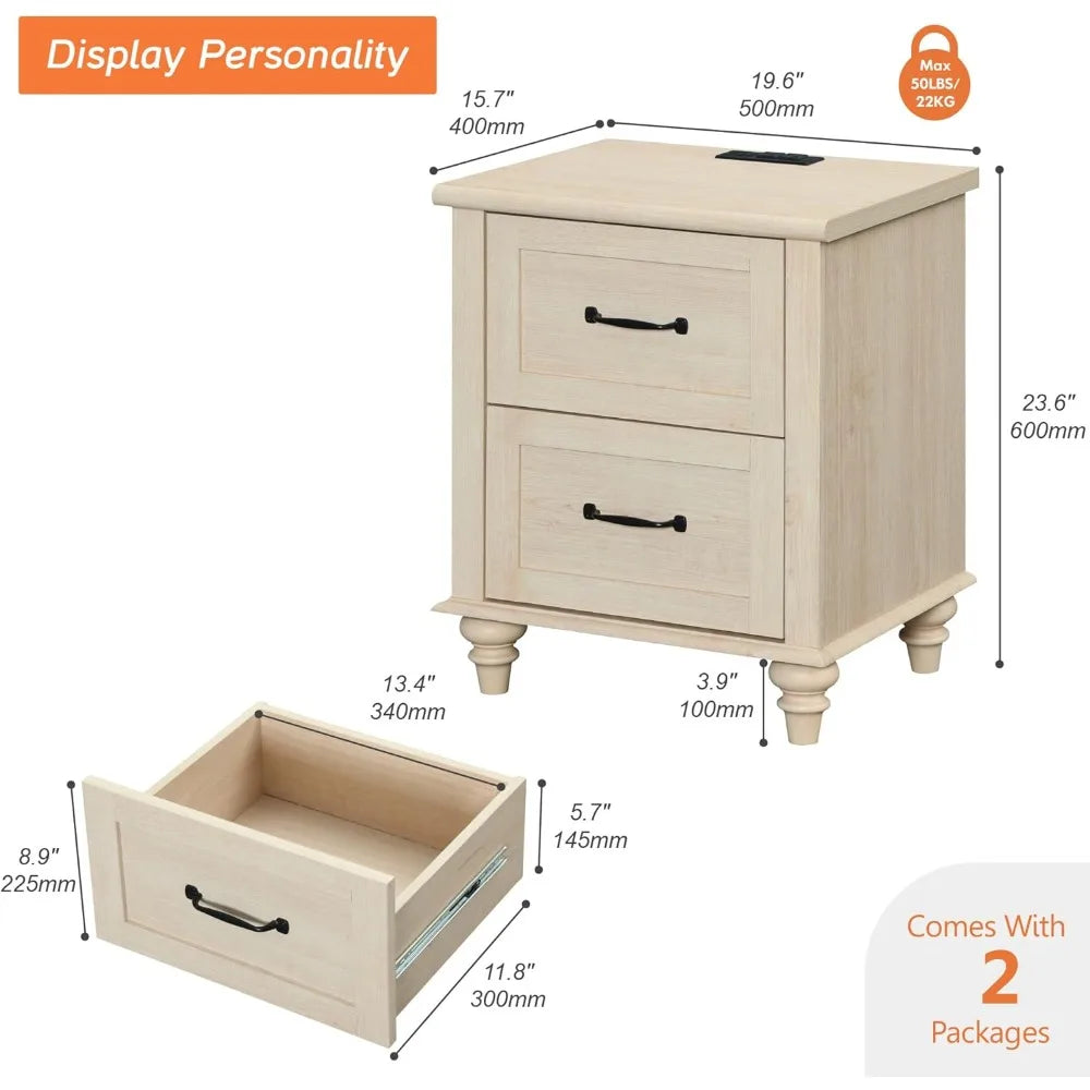 Ticify Set of 2 Nightstands With Charging Station Drawers