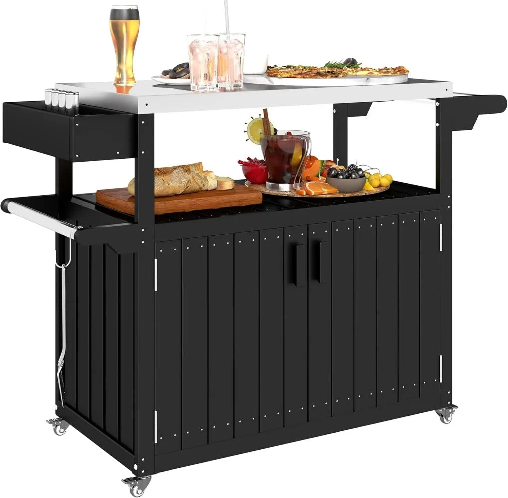 Outdoor Bar Cart With Storage Cabinet Movable Patio Beverage Table