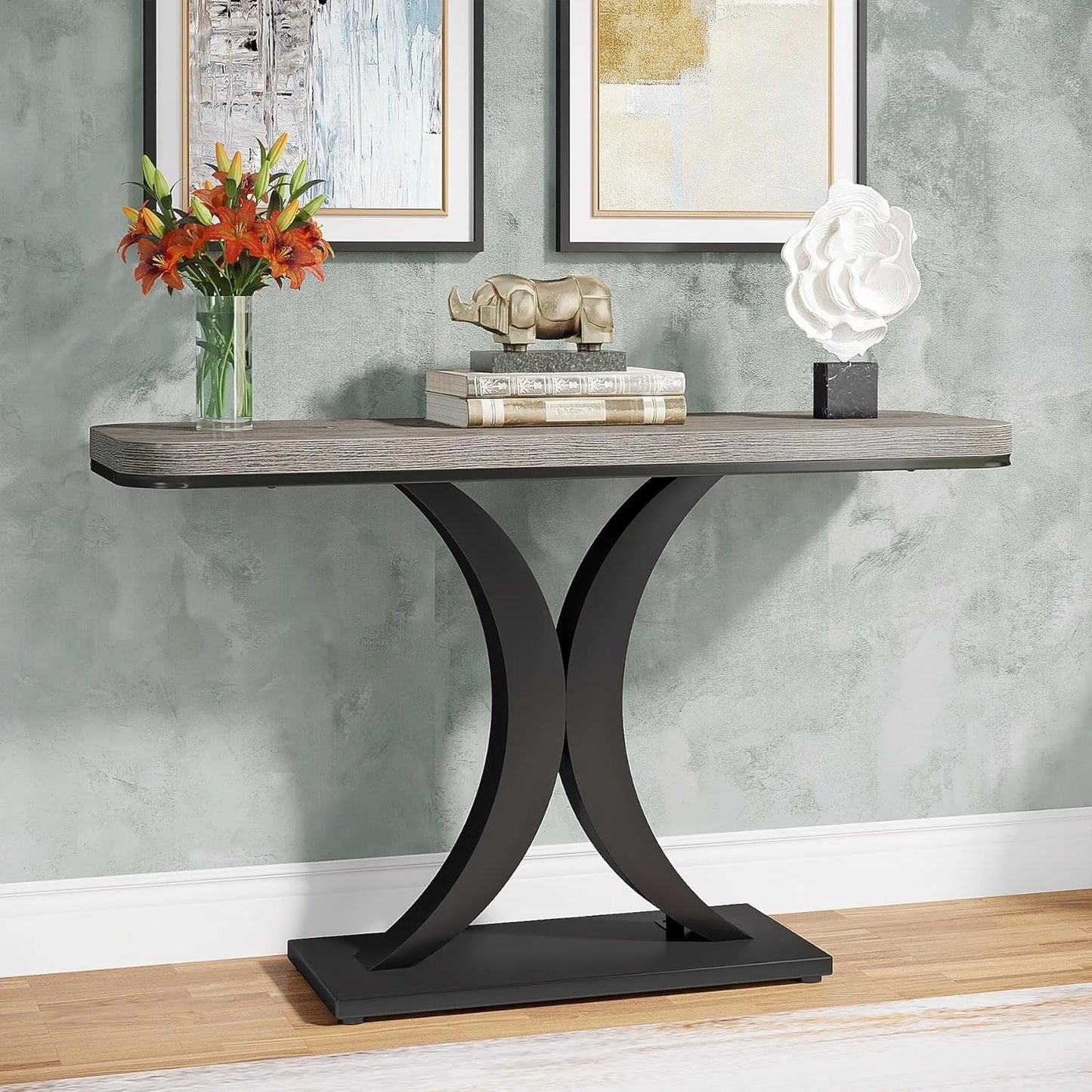 Little Tree Industrial Console Table Geometric Base for Entryway