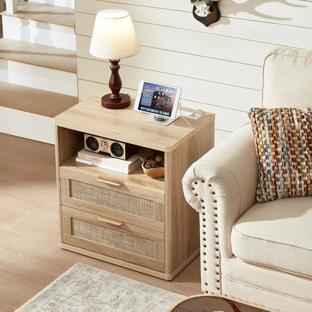 MKDK Rattan Nightstands Set Of 2 With Charger Station