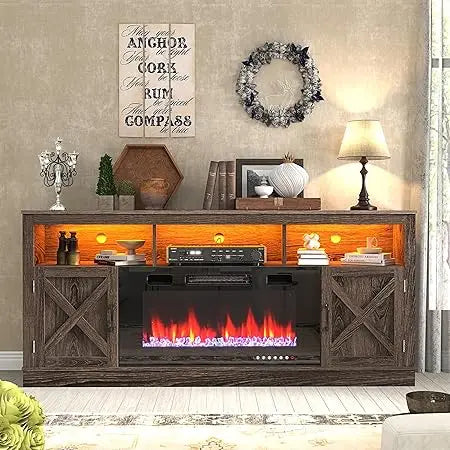 Farmhouse TV Stand With Glass Fireplace LED Entertainment Center