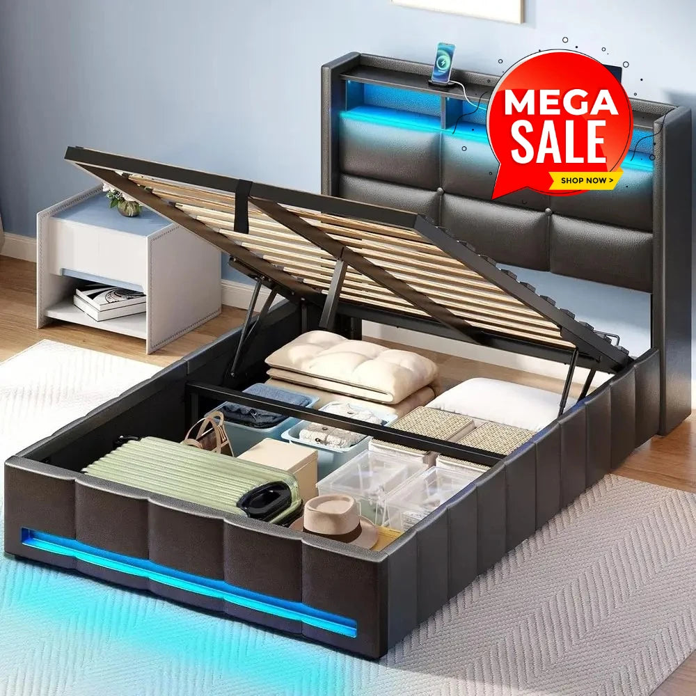 Twin Bed With Illuminated Storage And USB Charging Headboard