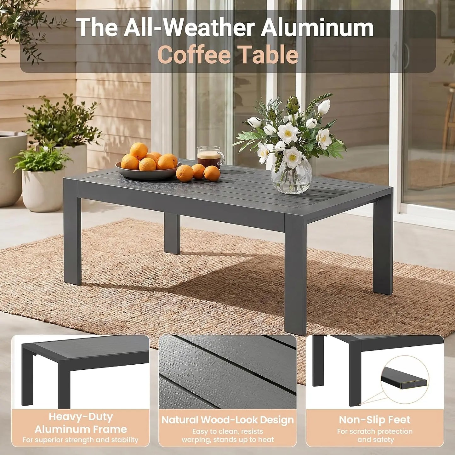 All-Weather Aluminum Patio Sofa Set With Coffee Table And Cushions