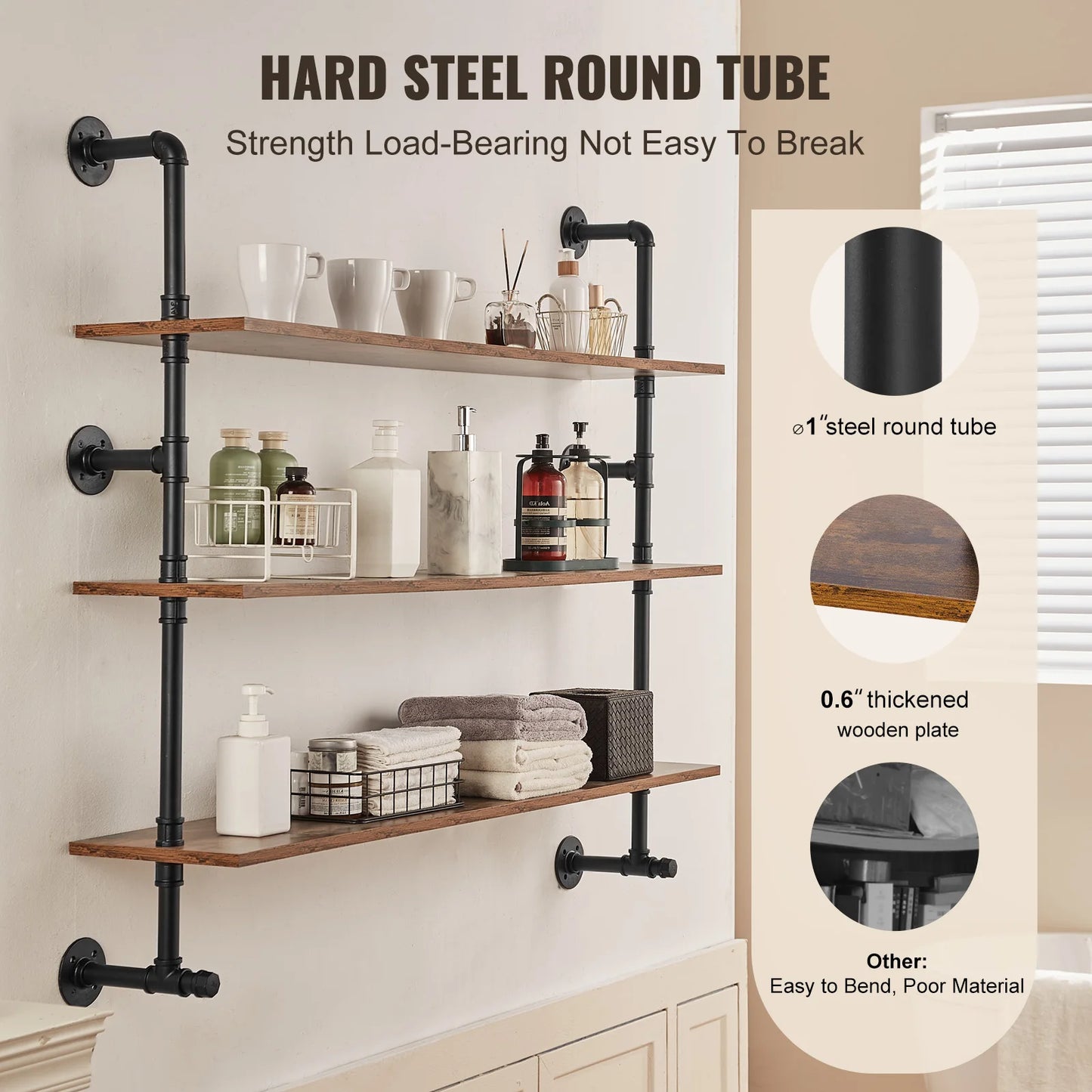 SucceBuy Industrial Pipe Shelving Wall Mount Wood Shelves