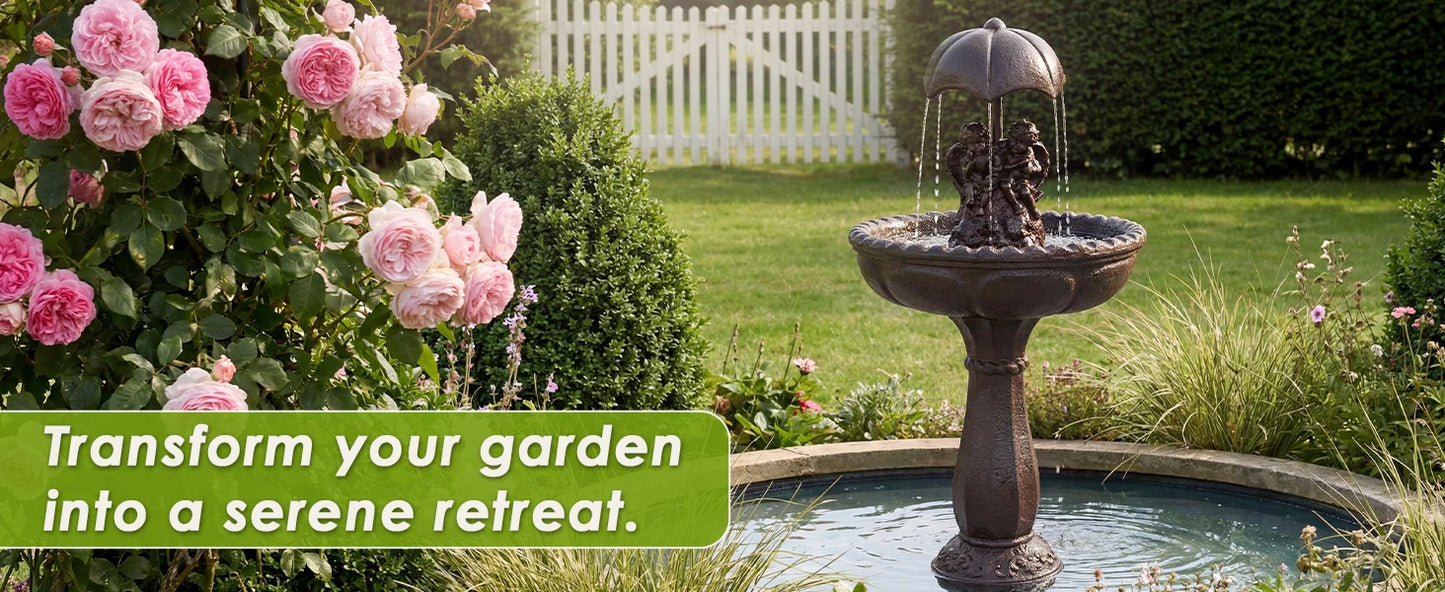Solar Outdoor Water Fountain With Whisper Quiet Pump Cascading Waterfall