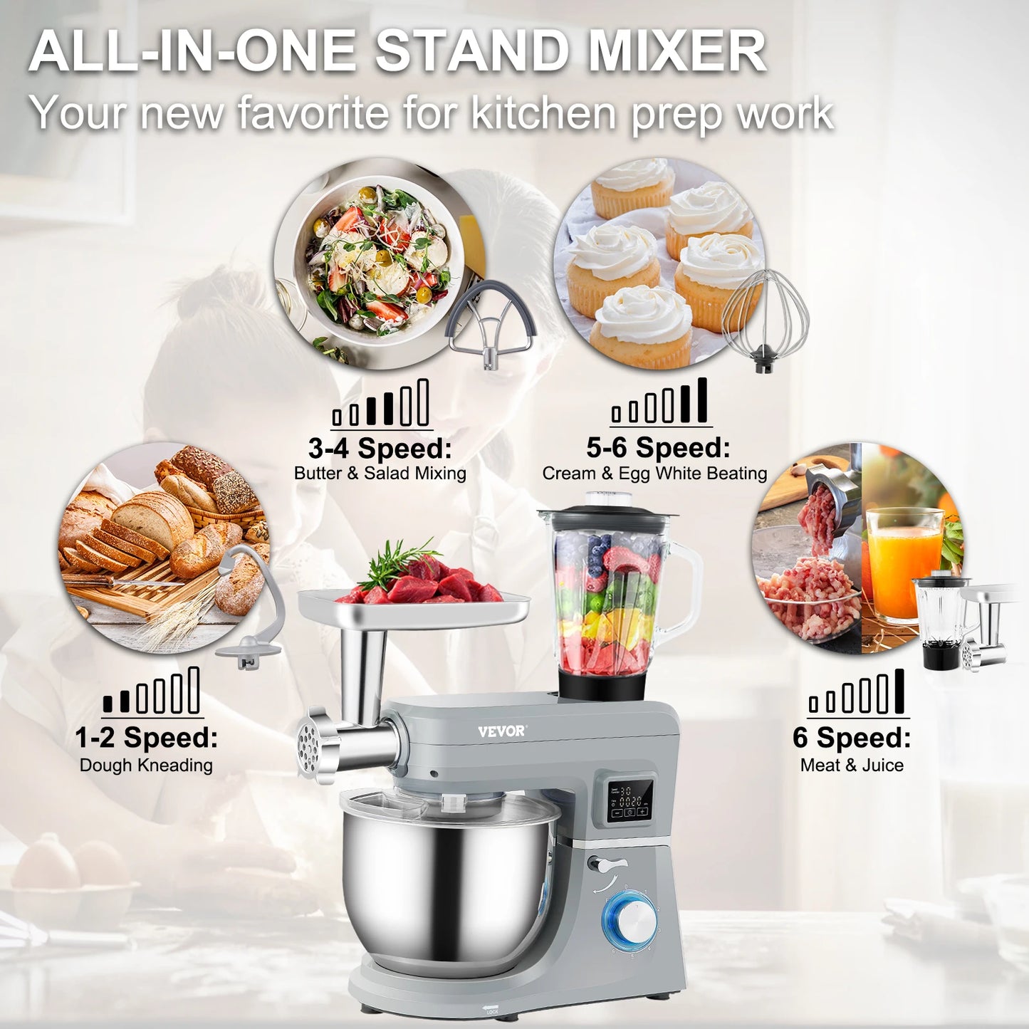 VEVOR 7.4 Qt 5 In 1 Stand Mixer With LCD Digital Screen