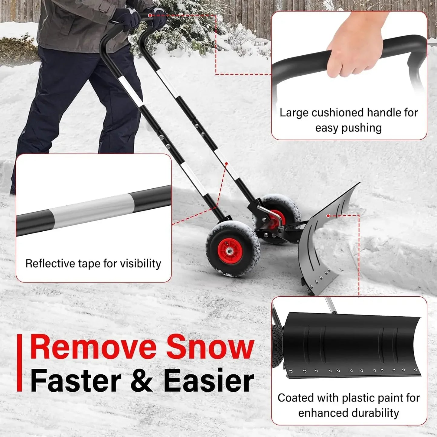 Snow Shovel Pusher With Wheels Heavy Duty Steel Angled Blade