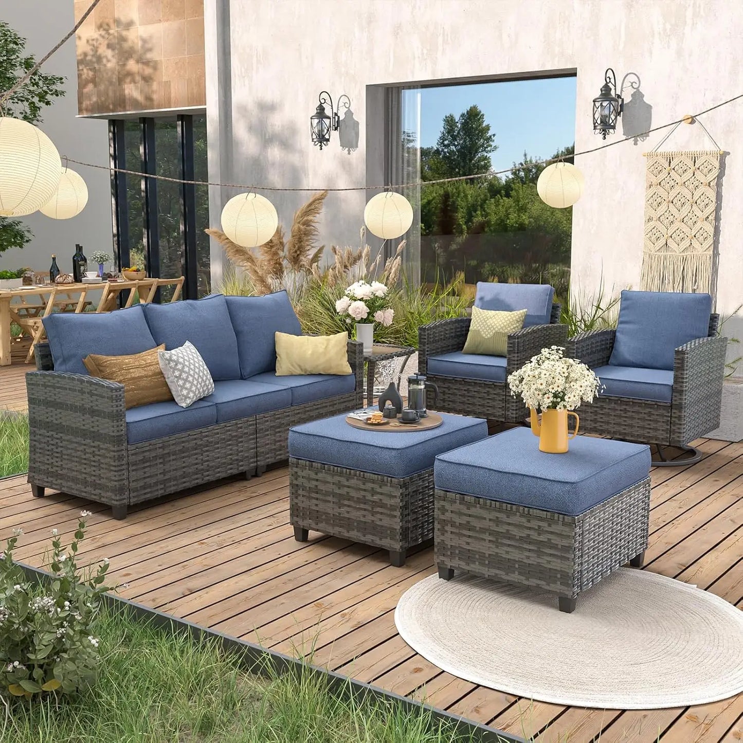 PE Rattan Sectional Sofa Set Swivel Chair Side Table