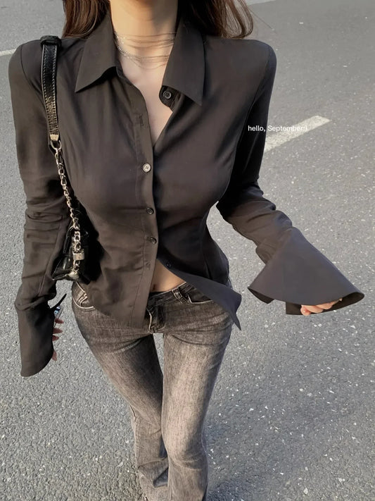 Hayissa Women Slim Chiffon Shirt Turn Down Collar Flare