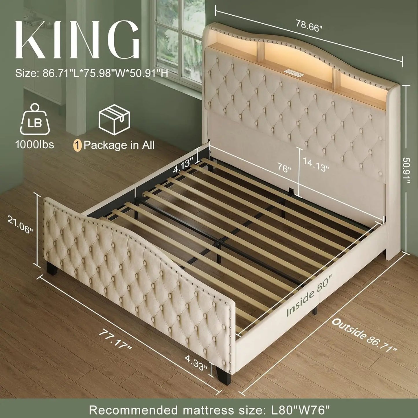 Velvet Wingback Bed Frame Tufted Footboard Squeak Resistant