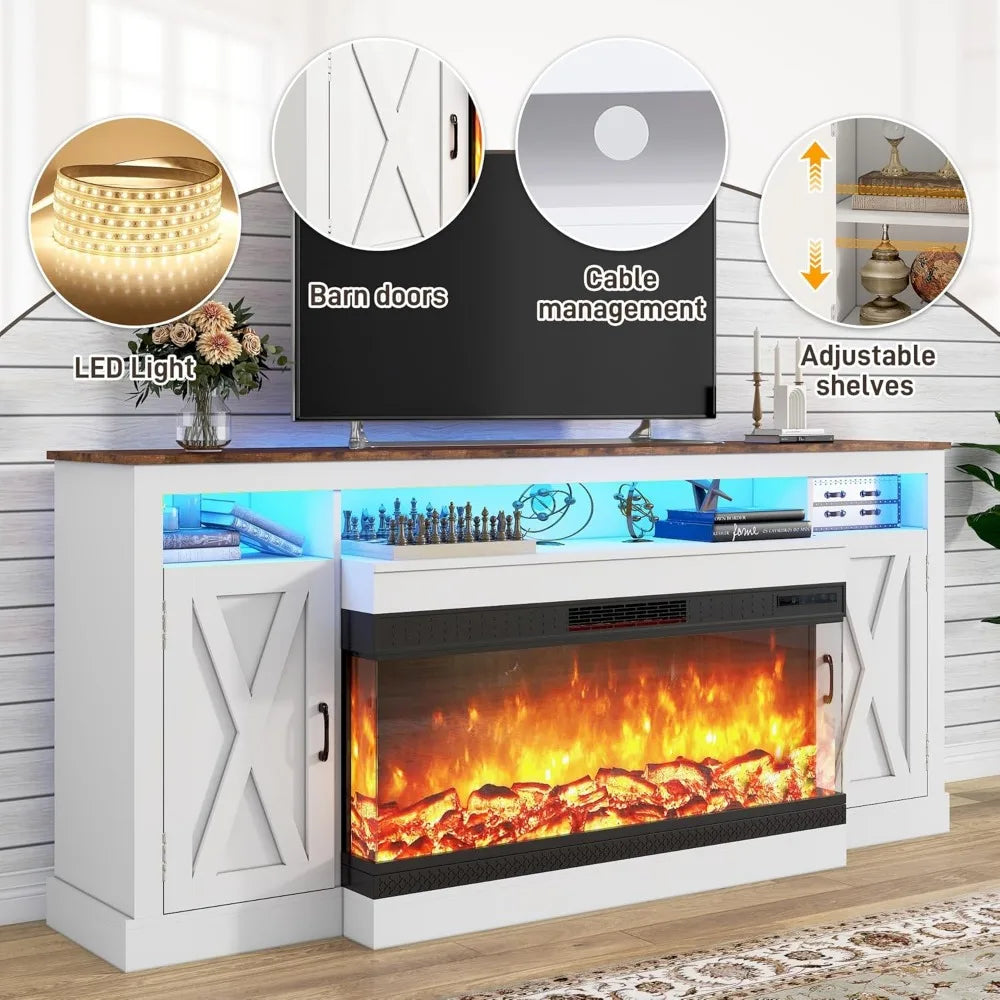Farmhouse TV Stand With Glass Fireplace LED Entertainment Center