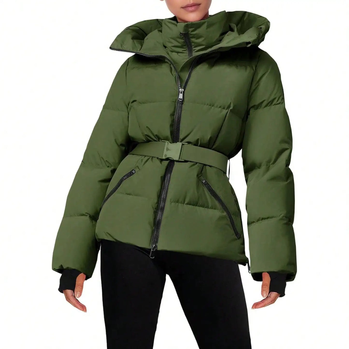 Fisoew Women's Belted Puffer Jacket Waterproof Hooded Coat