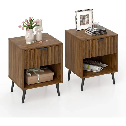 ANGDUO Fluted Nightstand With Drawer And Open Storage