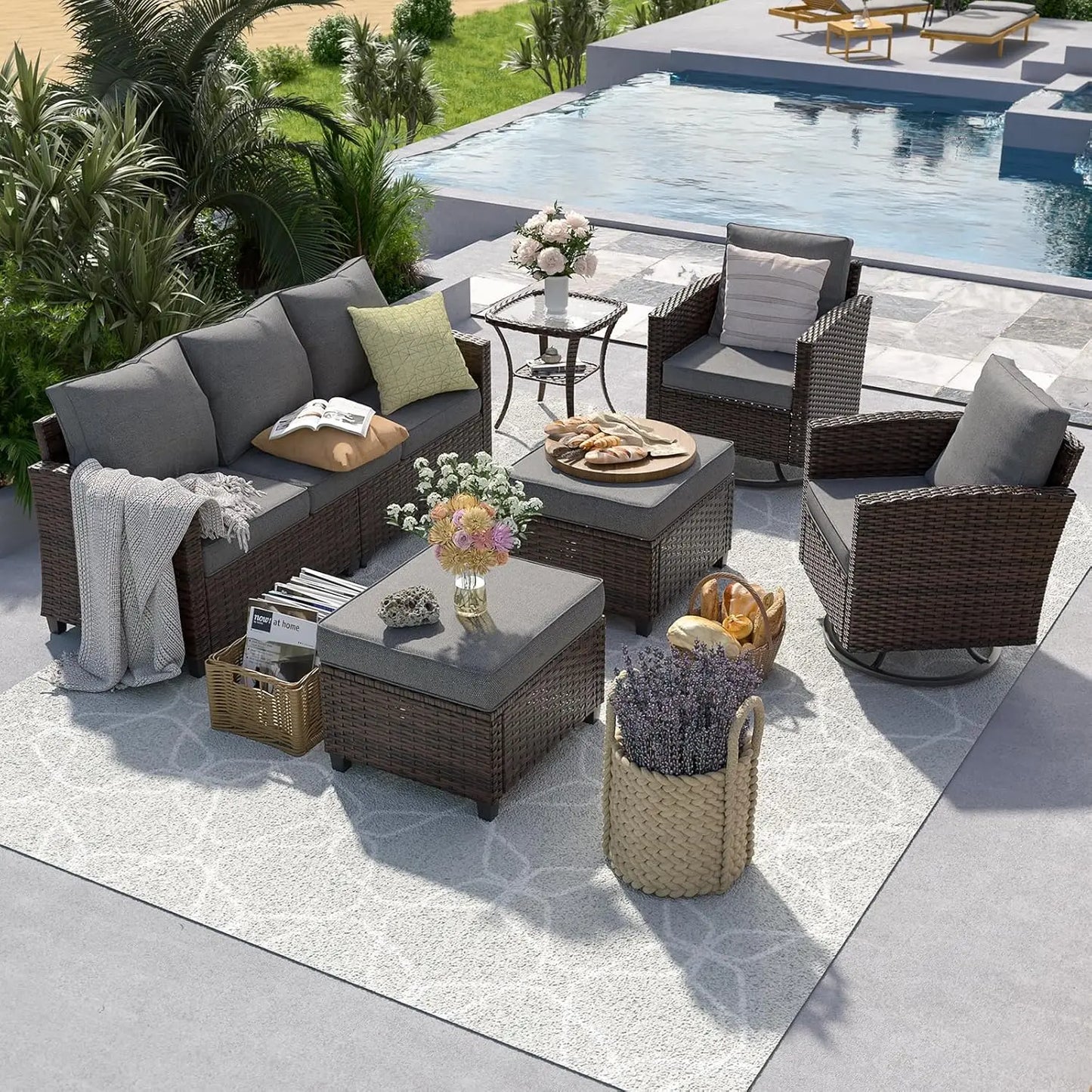 PE Rattan Sectional Sofa Set Swivel Chair Side Table