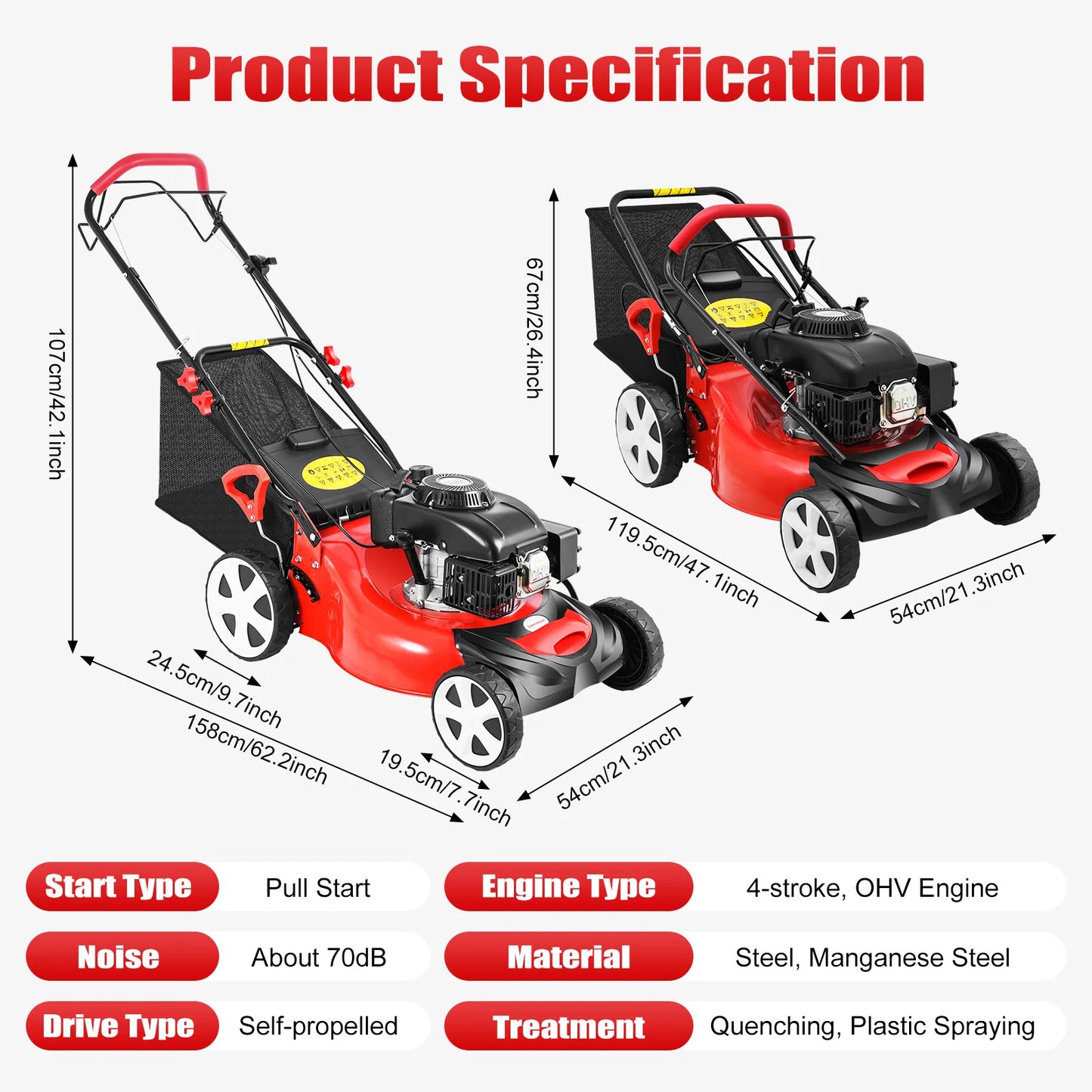 Bymaocar Self Propelled Gas Lawn Mower 5HP 140CC 4 Stroke