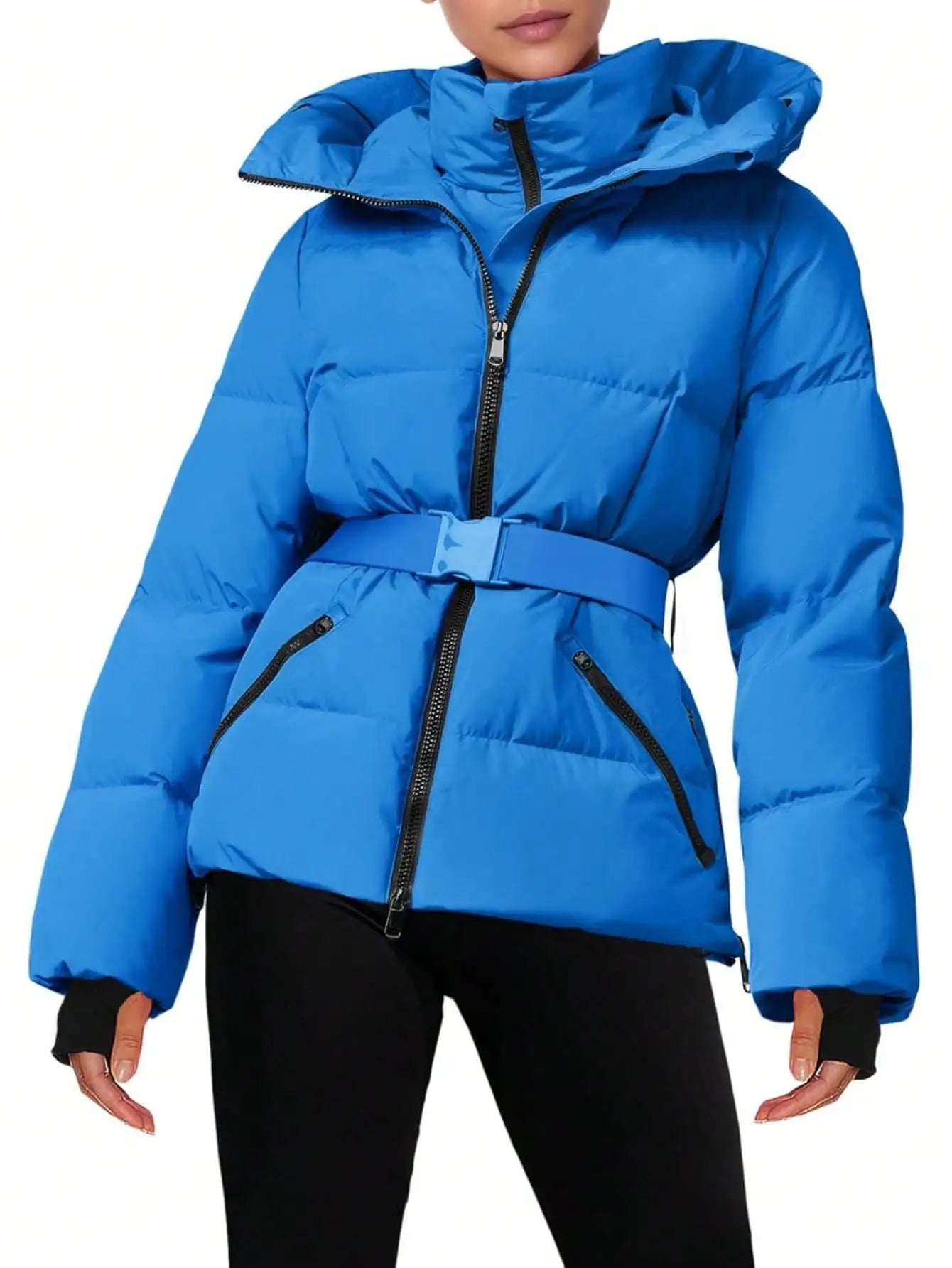 Fisoew Women's Belted Puffer Jacket Waterproof Hooded Coat