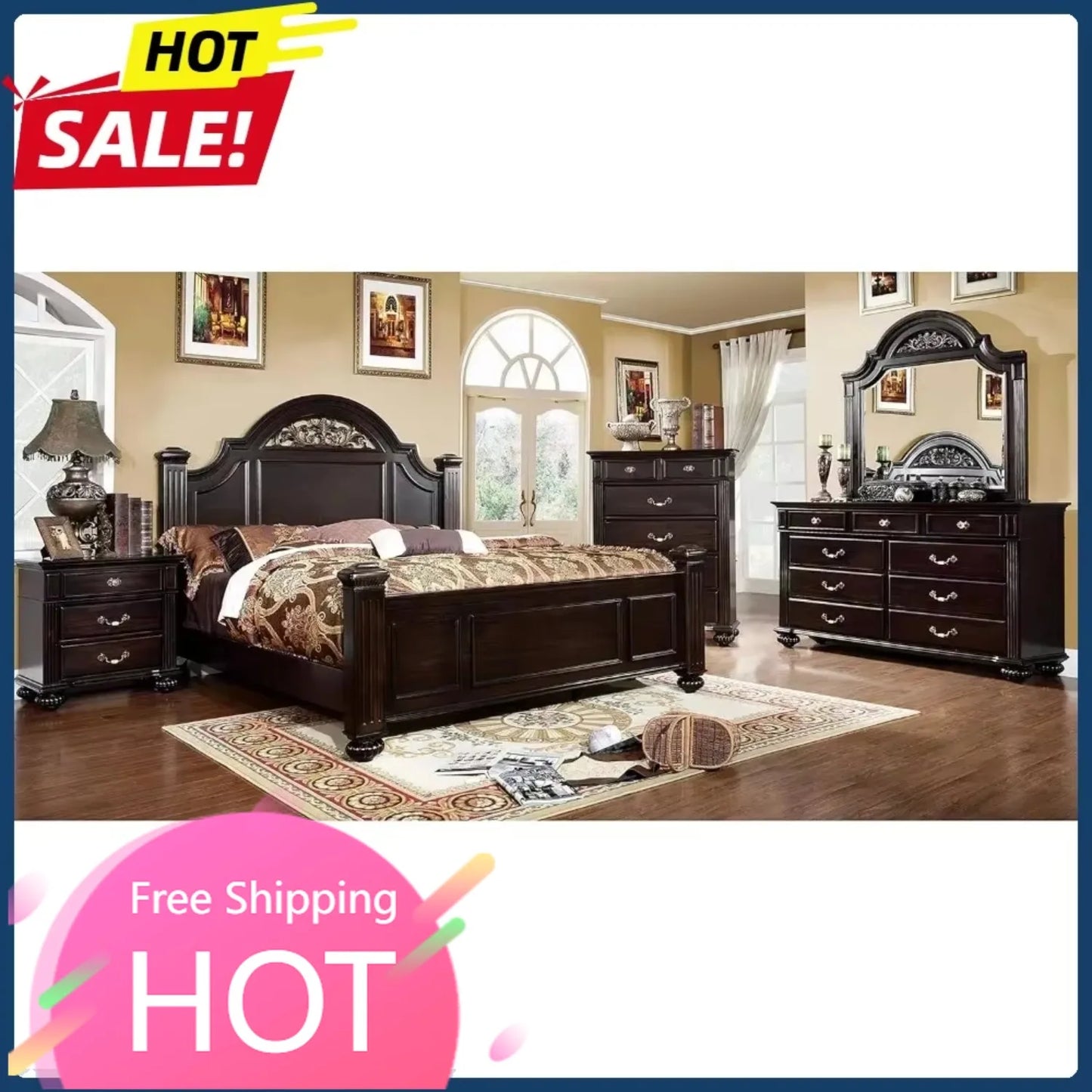 Solid Wood 6-Piece Bedroom Set With Chest And Mirrored Dresser