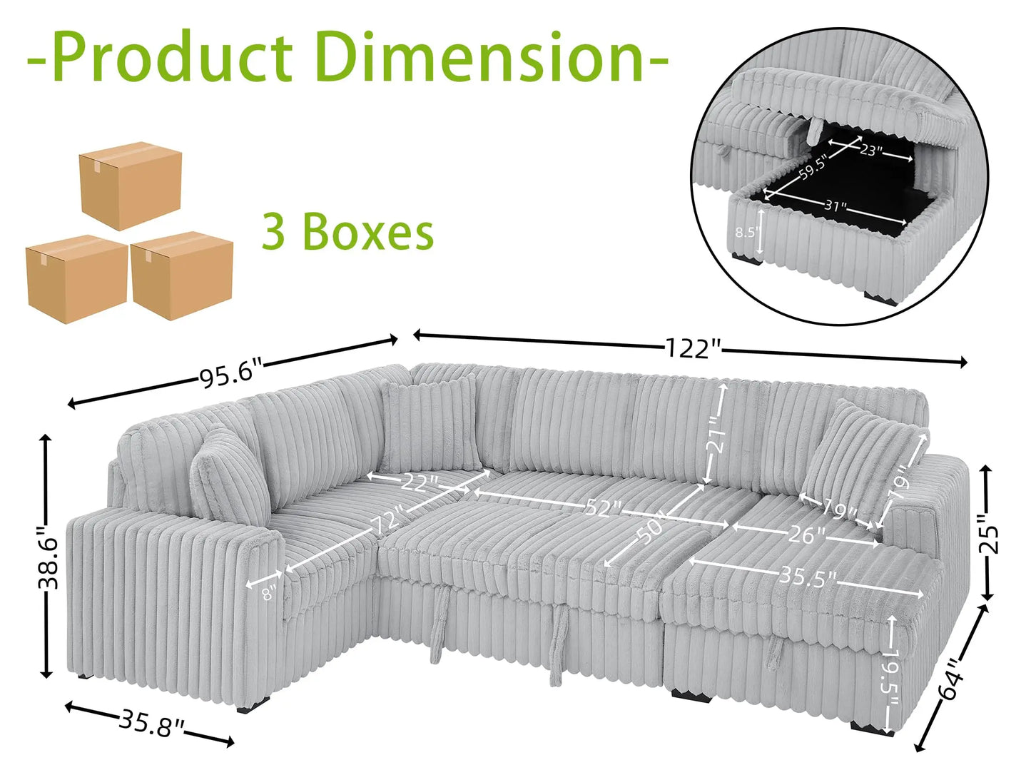 TODRANI U Shaped Sleeper Sofa Sectional With USB Ports