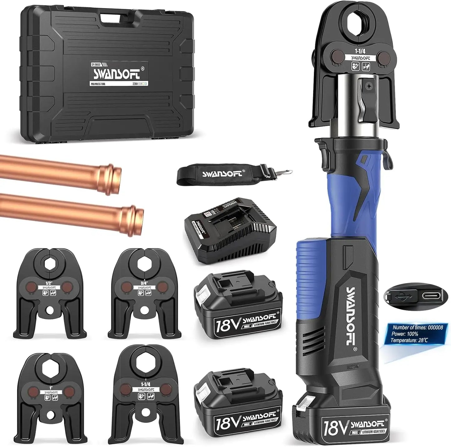 Swansoft Pro Press Tool for Copper Pipes 32kN Propress Kit 6 Jaws