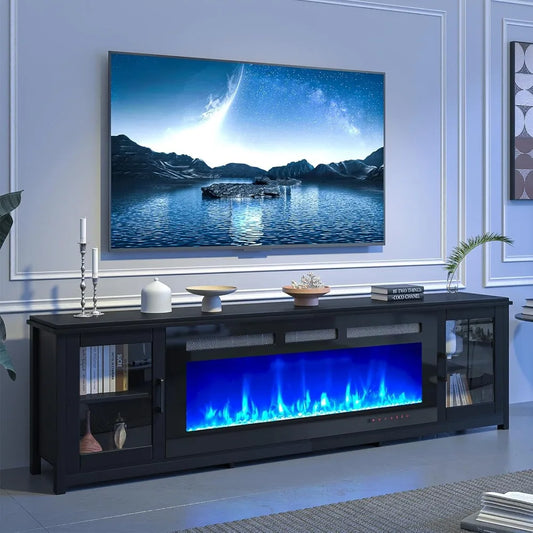 Electric Fireplace TV Stand With Adjustable Shelf And Glass Doors