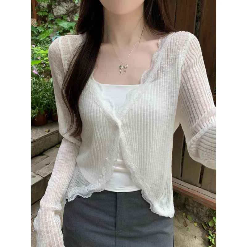 Dawndesslo Lace Trim Open Front Knit Cardigan For Women