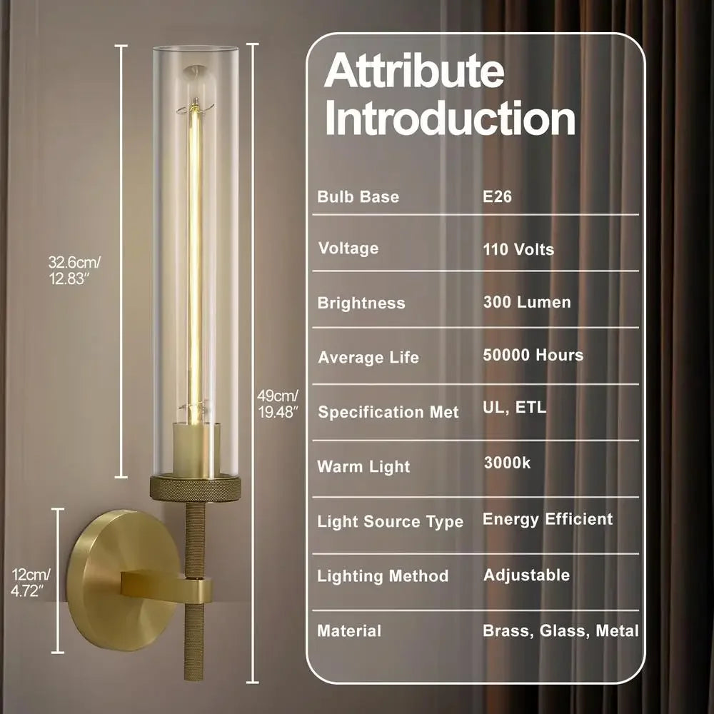 XMSJ Brass Wall Sconces Set Of Two Tubular Glass Lighting