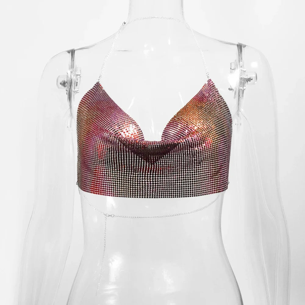 AKYZOCN Metallic Crop Top Women Halter Corset Sequined
